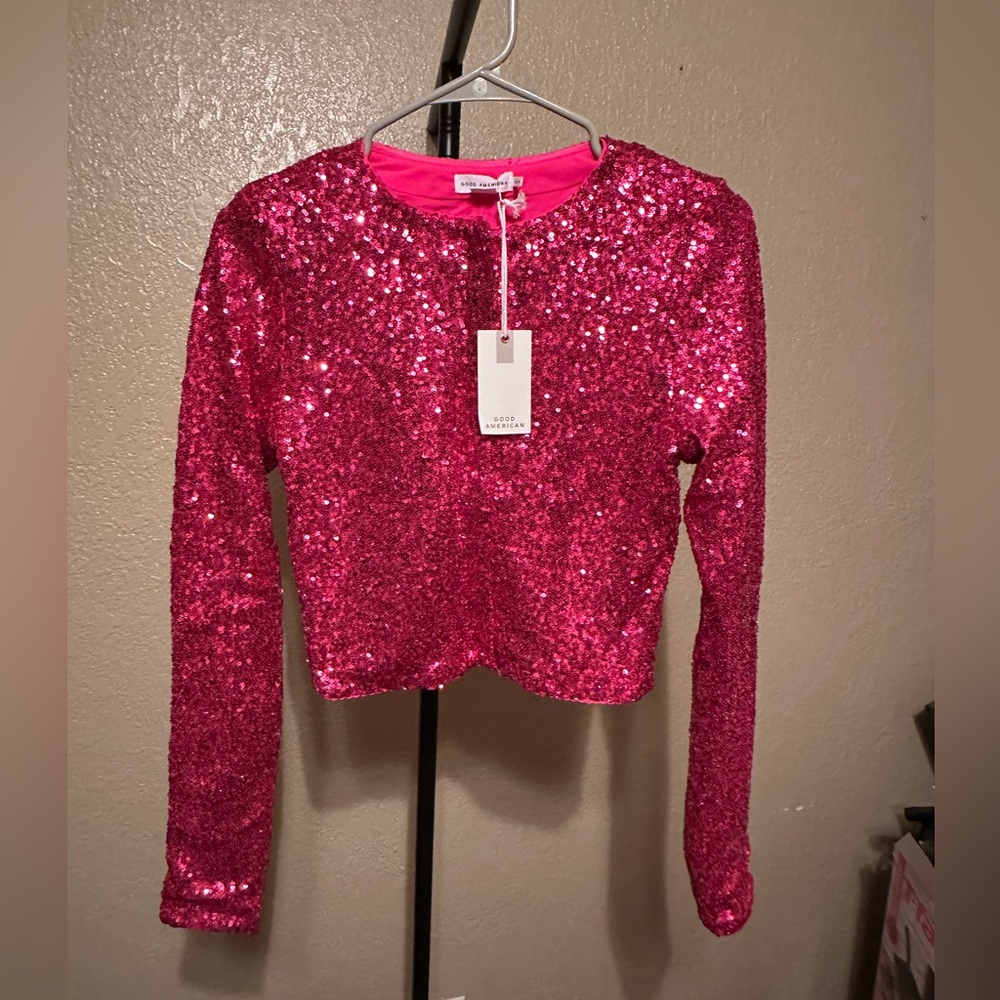 Good American Hot Pink Sequin Long Sleeve Crop Top